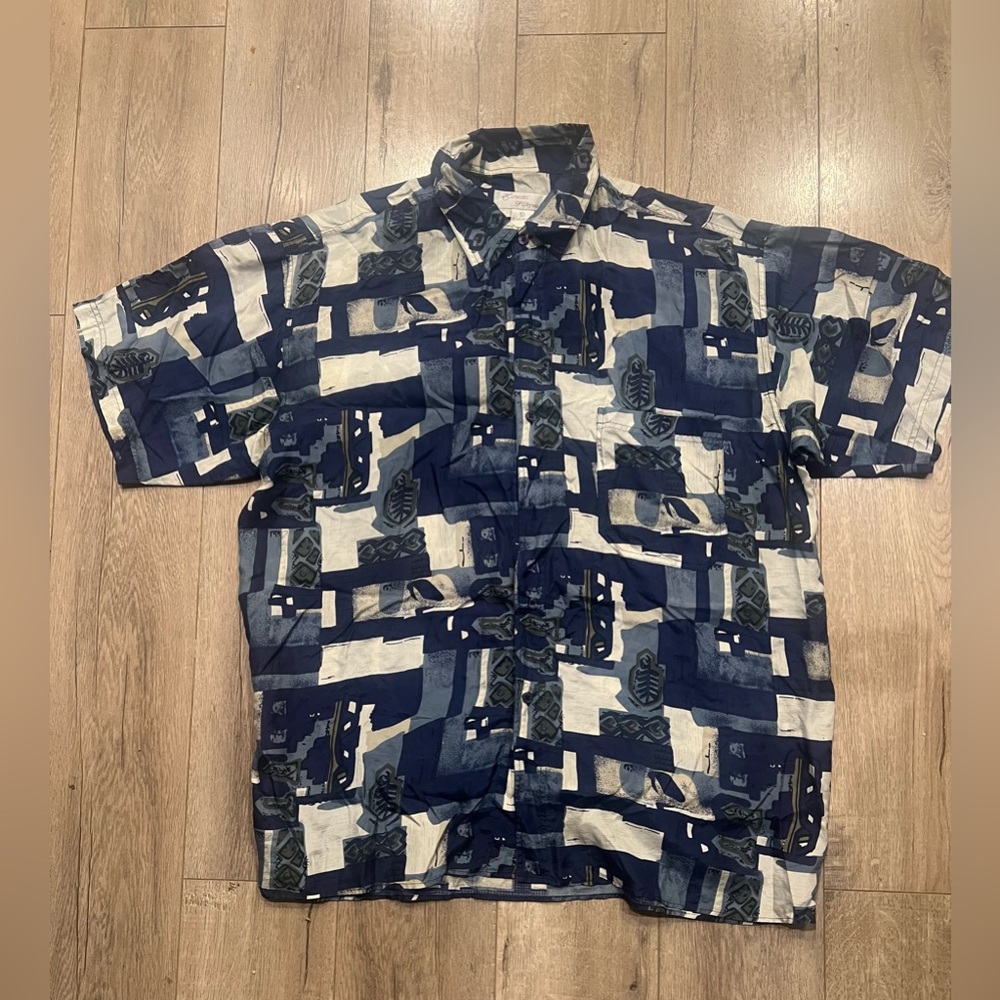 Mens shirt Hawaii Silkyway blue abstract print silk washable Sz XL